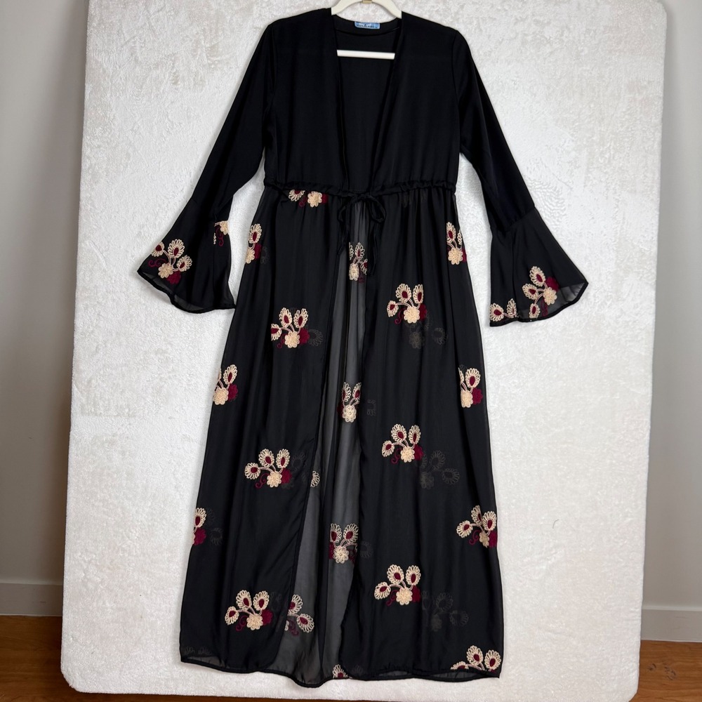 Boho Black Embroidered Sheer Duster Robe Bell‎ Sleeve Floral Maxi Festival 38/M